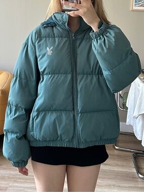 Playboy by PacSun blue/teal puffer jacket with hood and pockets.